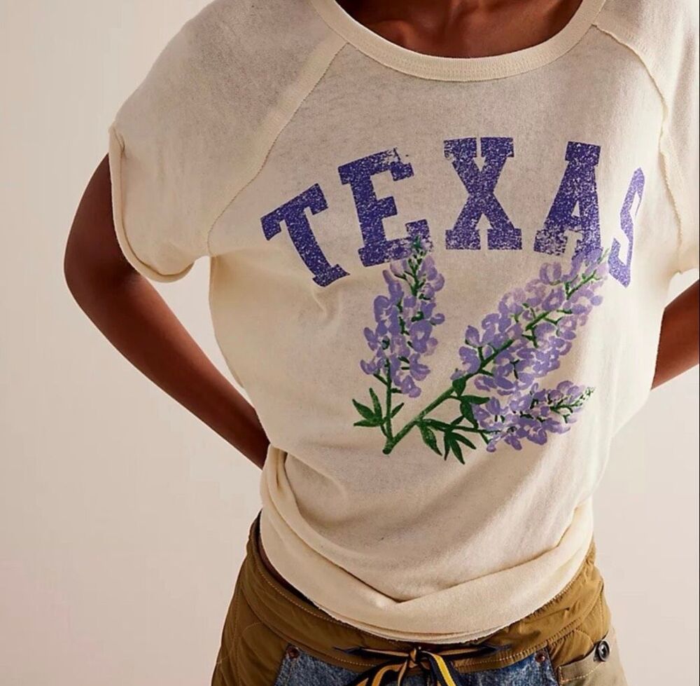 Free People We The Free Texas State Flower Bluebonnet Graphic Tee Cream M NEW - Picture 13 of 13